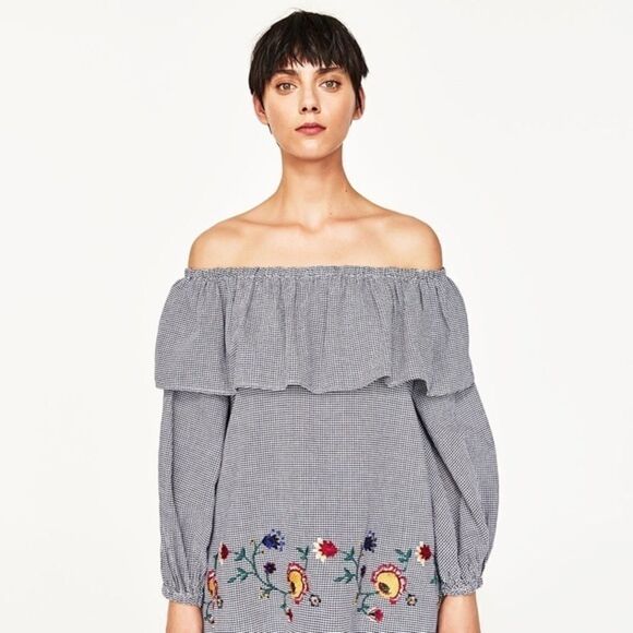 Zara EMBROIDERED GINGHAM  COTTON BLOUSE C15 - Picture 2 of 10